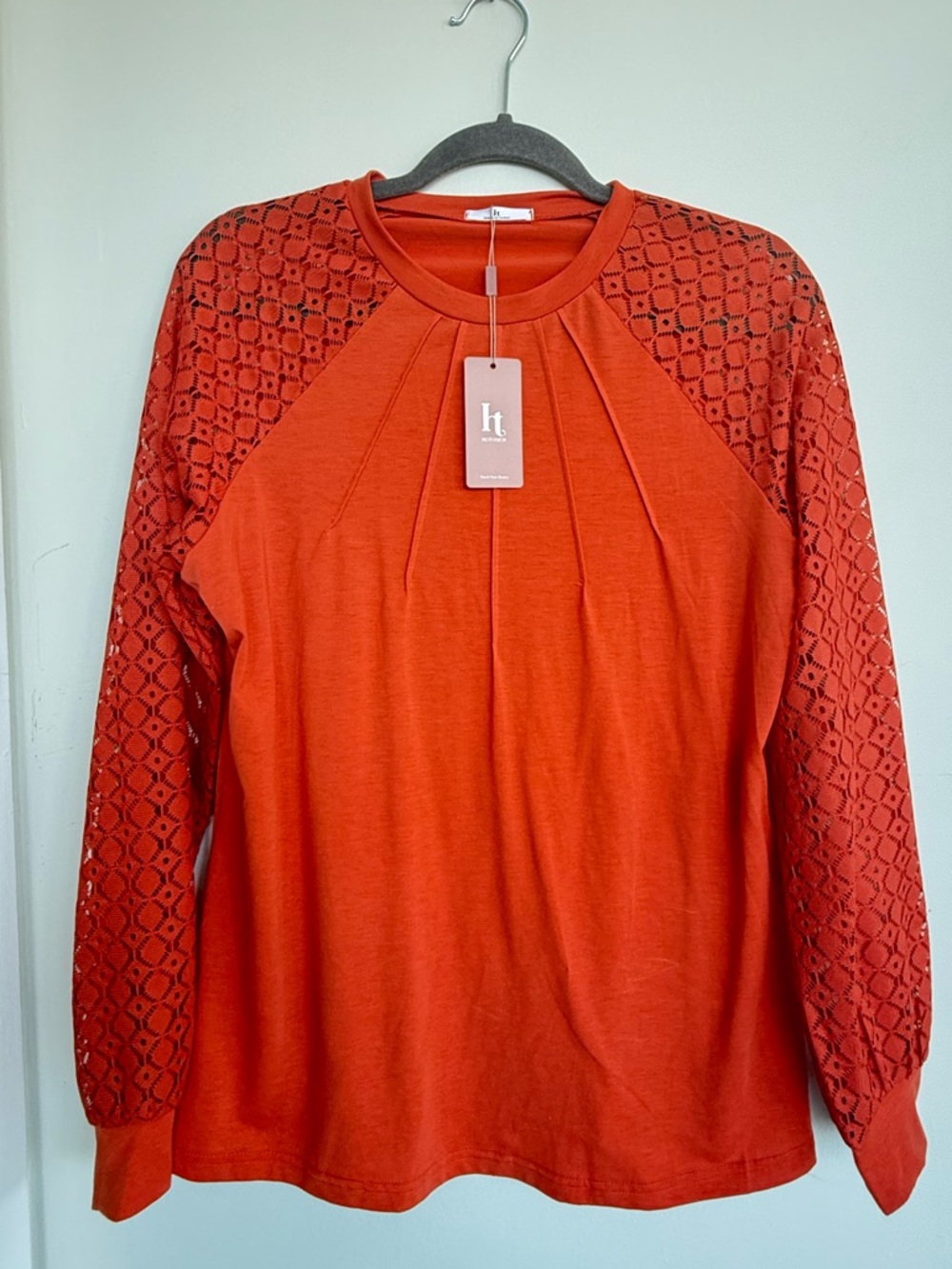 Women's Orange Lace-Sleeve Pullover Top by
